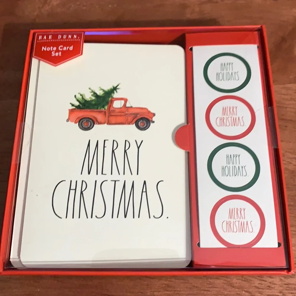 RAE DUNN note cards red truck & “MERRY CHRISTMAS”. cards, stickers,envelopes